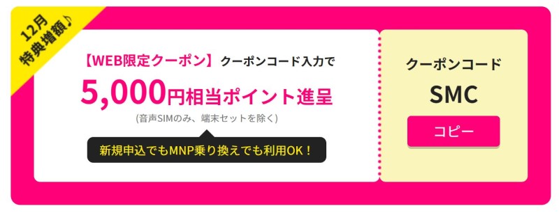BIGLOBEの2021年12月のキャンペーン「クーポンコード入力で5000円分のポイントが貰える」