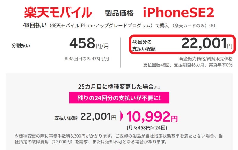 楽天モバイルでiPhoneSE3発売時にiPhoneSE2の端末価格は22001円まで値下がりしていた