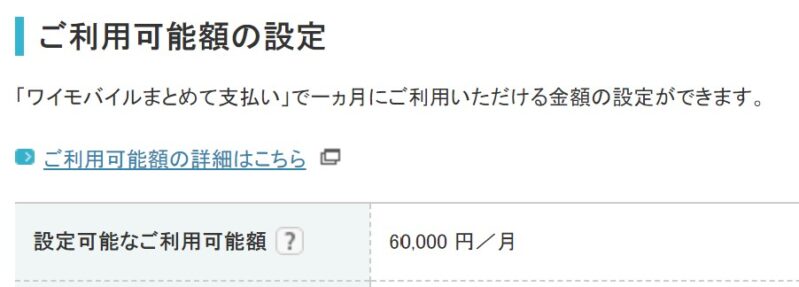 自分のワイモバイルまとめて支払いの上限金額は6万円(上限10万円)となっていた(参考値)