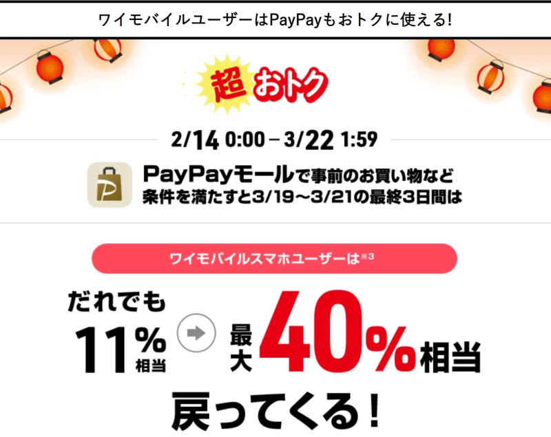 ★４.超PayPay「ワイモバイルユーザーはPayPayモール事前のお買い物など条件を満たすと最大40%還元」キャンペーン_大
