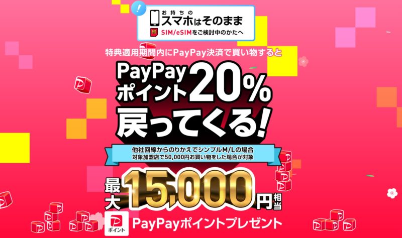 ★ワイモバイルオンラインストアのSIM契約特典「PayPayポイント20%戻ってくるキャンペーン_公式バナー」