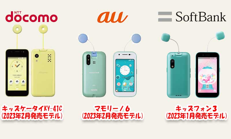 ドコモauソフトバンクで販売されているキッズ携帯の2023年発売モデル「キッズケータイ-KY-41C」「マモリーノ6」「キッズフォン3」