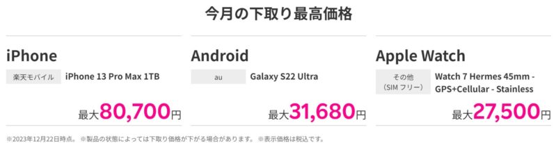 今月の楽天モバイルの下取り最高価格_iPhone 13 Pro Max 1TBで80700円査定なども