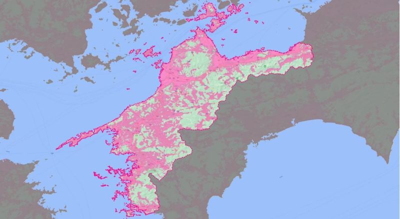 愛媛県の楽天回線の無制限エリア状況(2023年9月時点)_人口カバー率 99.59%